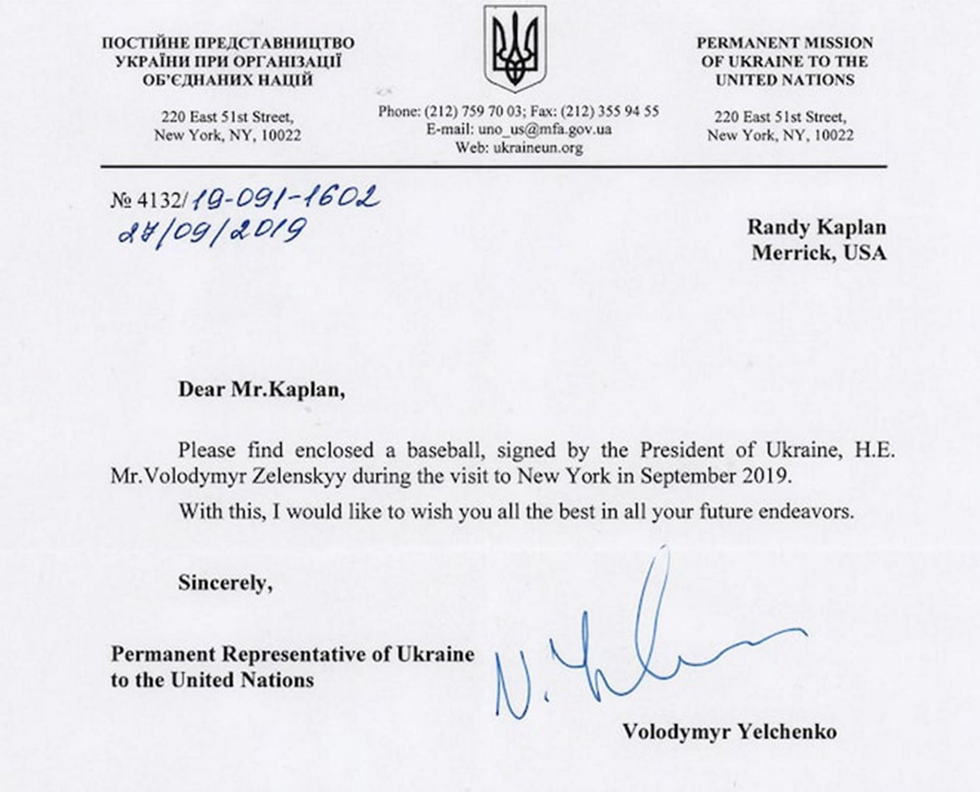 Yelchenko originally gave the ball to Randy L. Kaplan as a present.